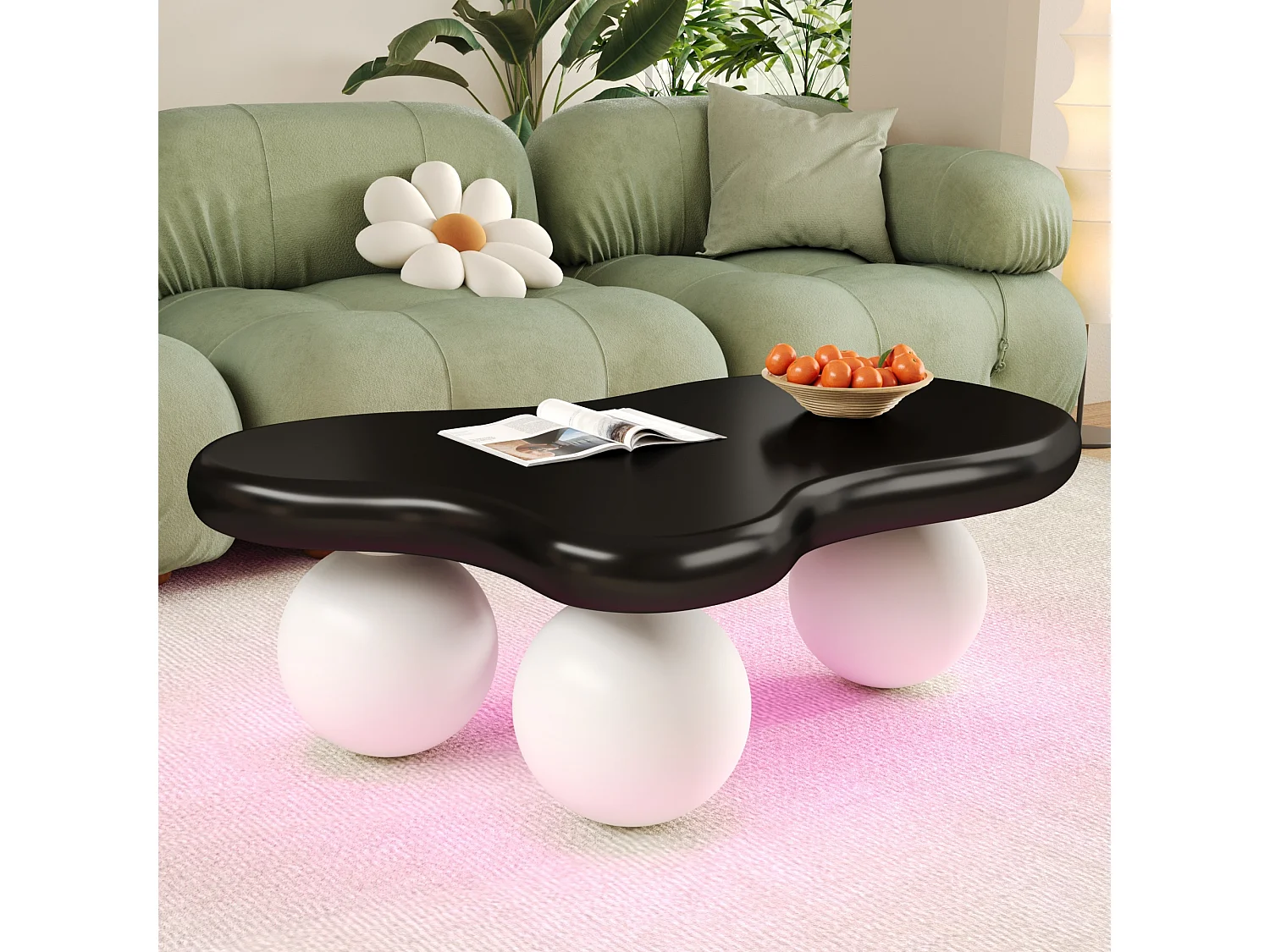 Mesa de centro de design em formato de nuvem com iluminação LED, formato original, tampo iluminado em estilo nuvem, preto e branco.