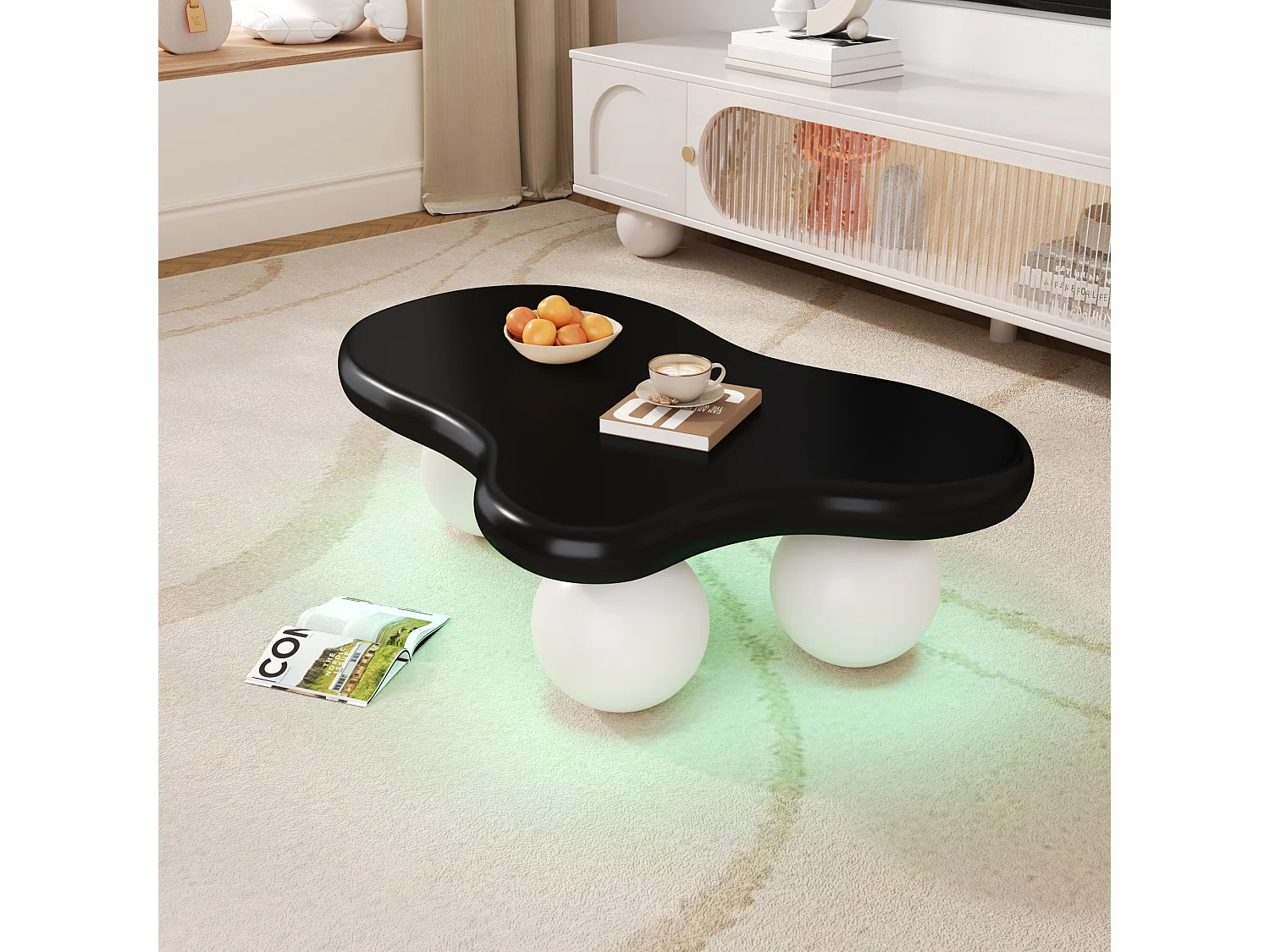 Mesa de centro de design em formato de nuvem com iluminação LED, formato original, tampo iluminado em estilo nuvem, preto e branco.