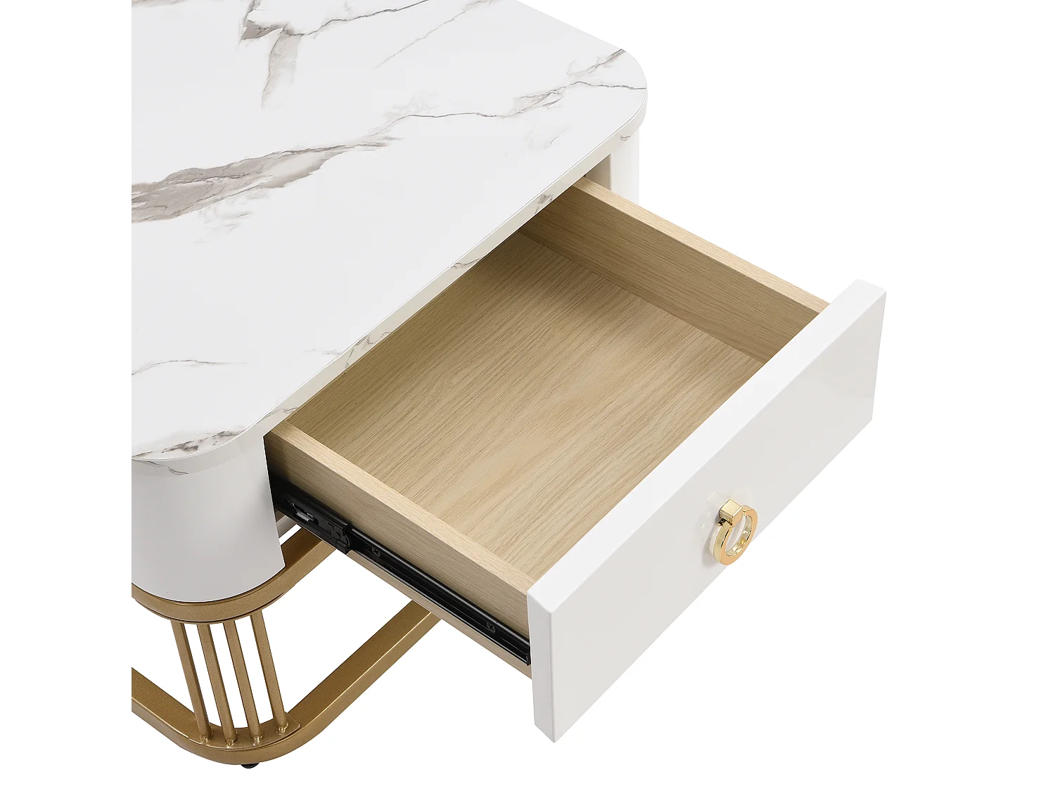 Set van 2 in elkaar passende salontafels, marmeren salontafel met glazen blad en lade, wit