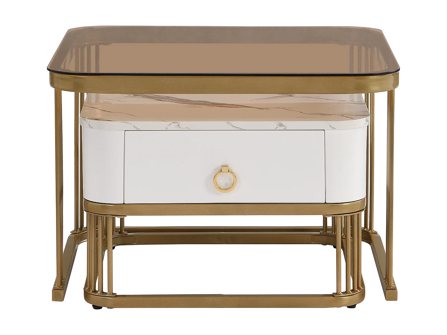 Set van 2 in elkaar passende salontafels, marmeren salontafel met glazen blad en lade, wit