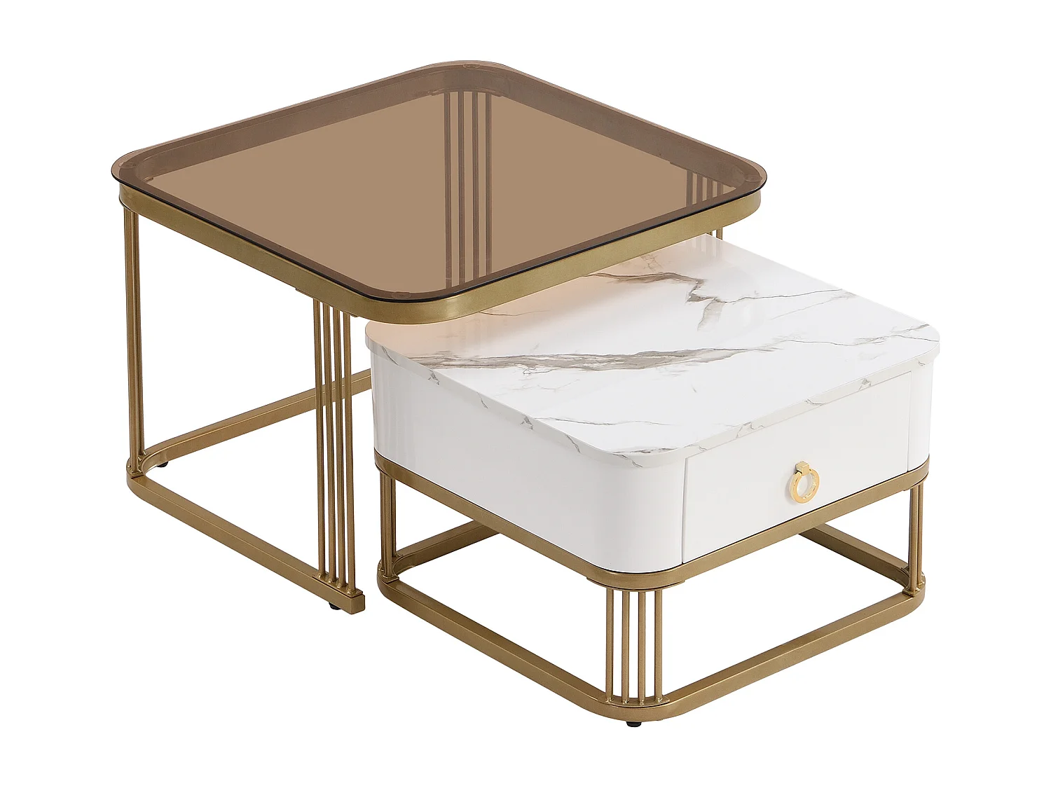 Set van 2 in elkaar passende salontafels, marmeren salontafel met glazen blad en lade, wit
