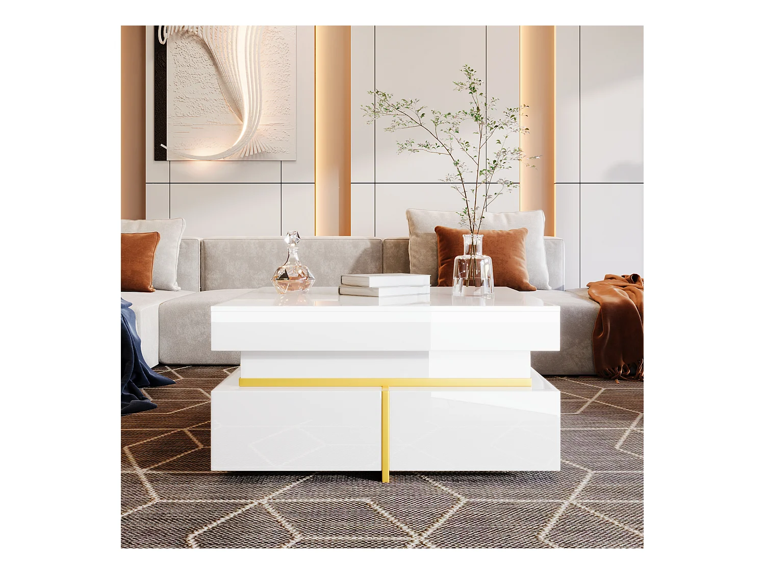 Table Basse Carrée blanc et Or, Table Basse de Salon avec 2 Tiroirs, avec des Lignes Dorées en Bas