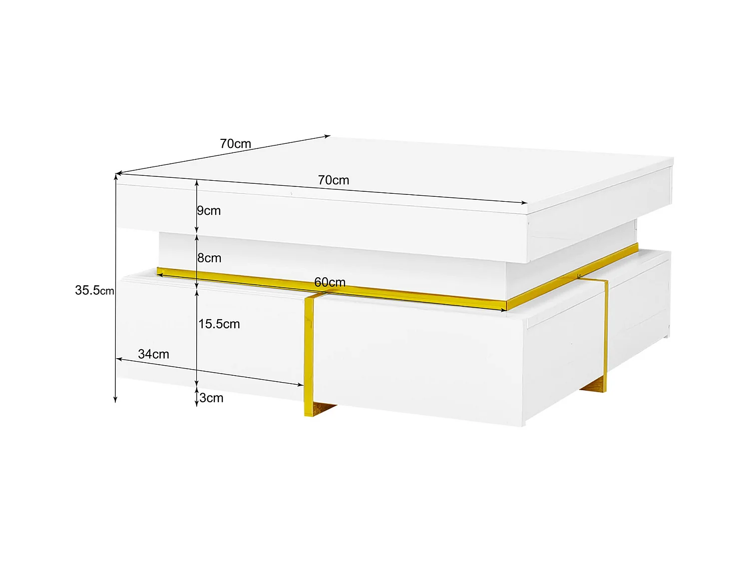 Table Basse Carrée blanc et Or, Table Basse de Salon avec 2 Tiroirs, avec des Lignes Dorées en Bas