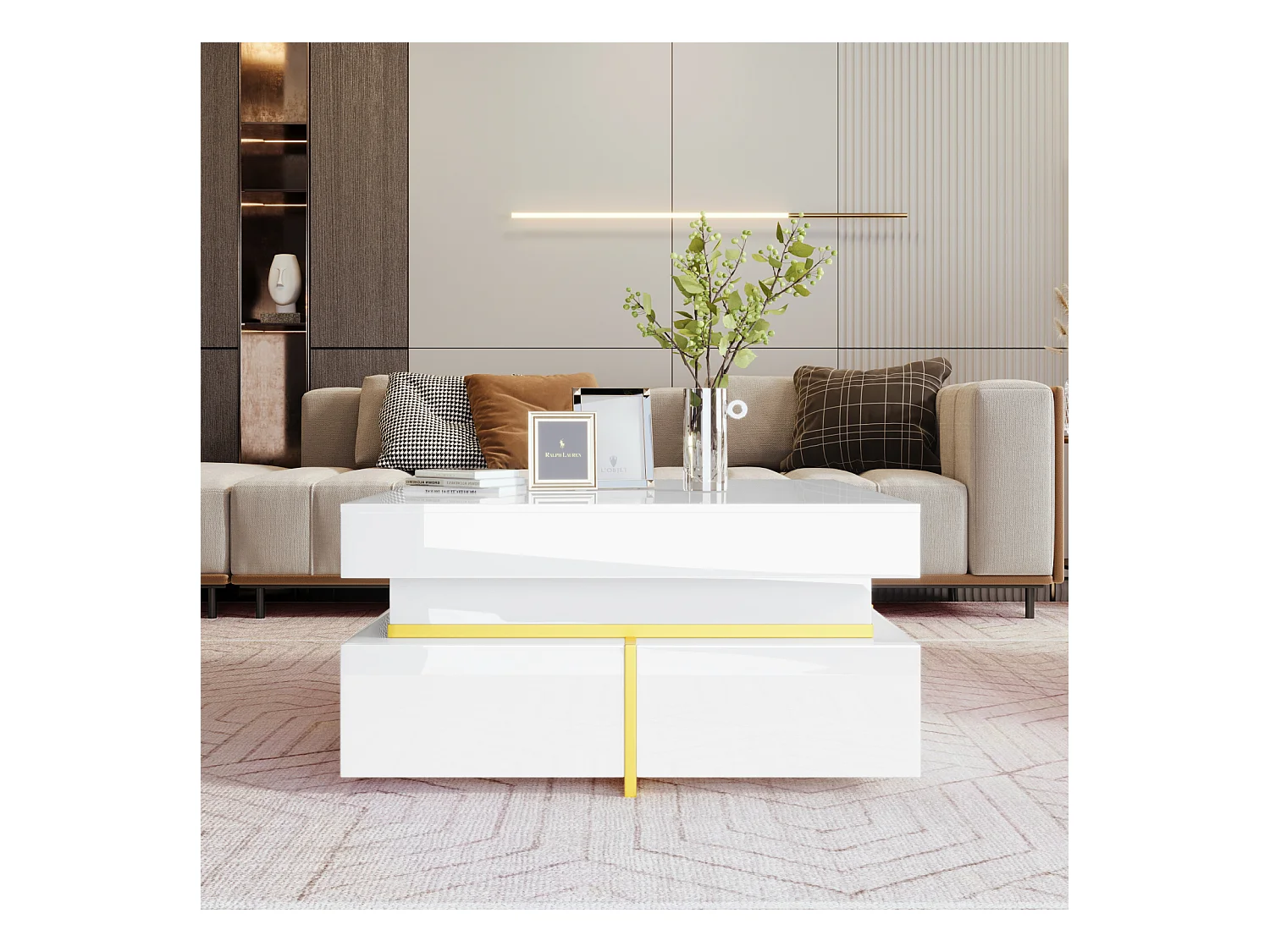 Table Basse Carrée blanc et Or, Table Basse de Salon avec 2 Tiroirs, avec des Lignes Dorées en Bas