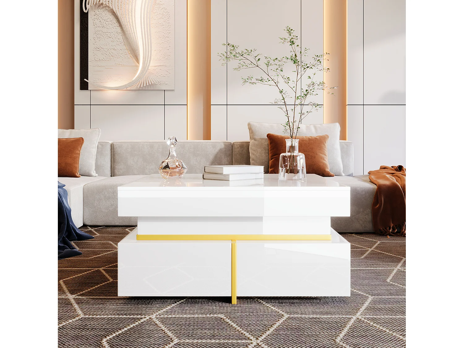 Mesa de centro quadrada em branco e dourado, mesa de centro para sala de estar com 2 gavetas e detalhes dourados na parte inferior.
