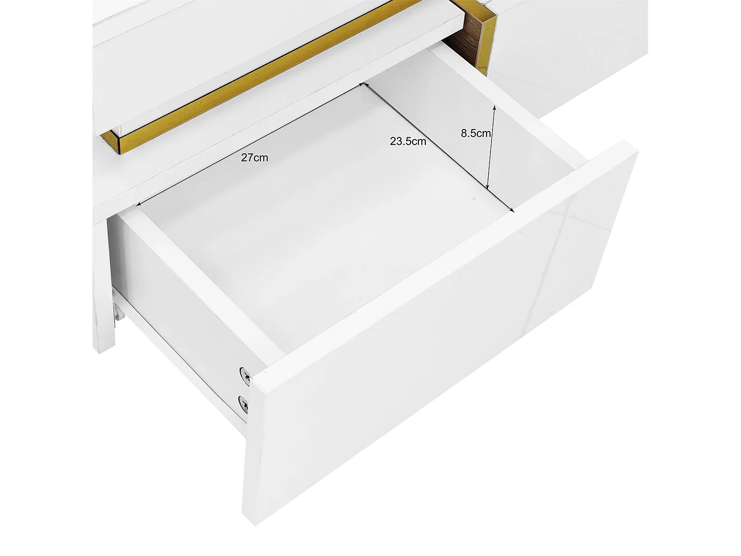 Mesa de centro quadrada em branco e dourado, mesa de centro para sala de estar com 2 gavetas e detalhes dourados na parte inferior.
