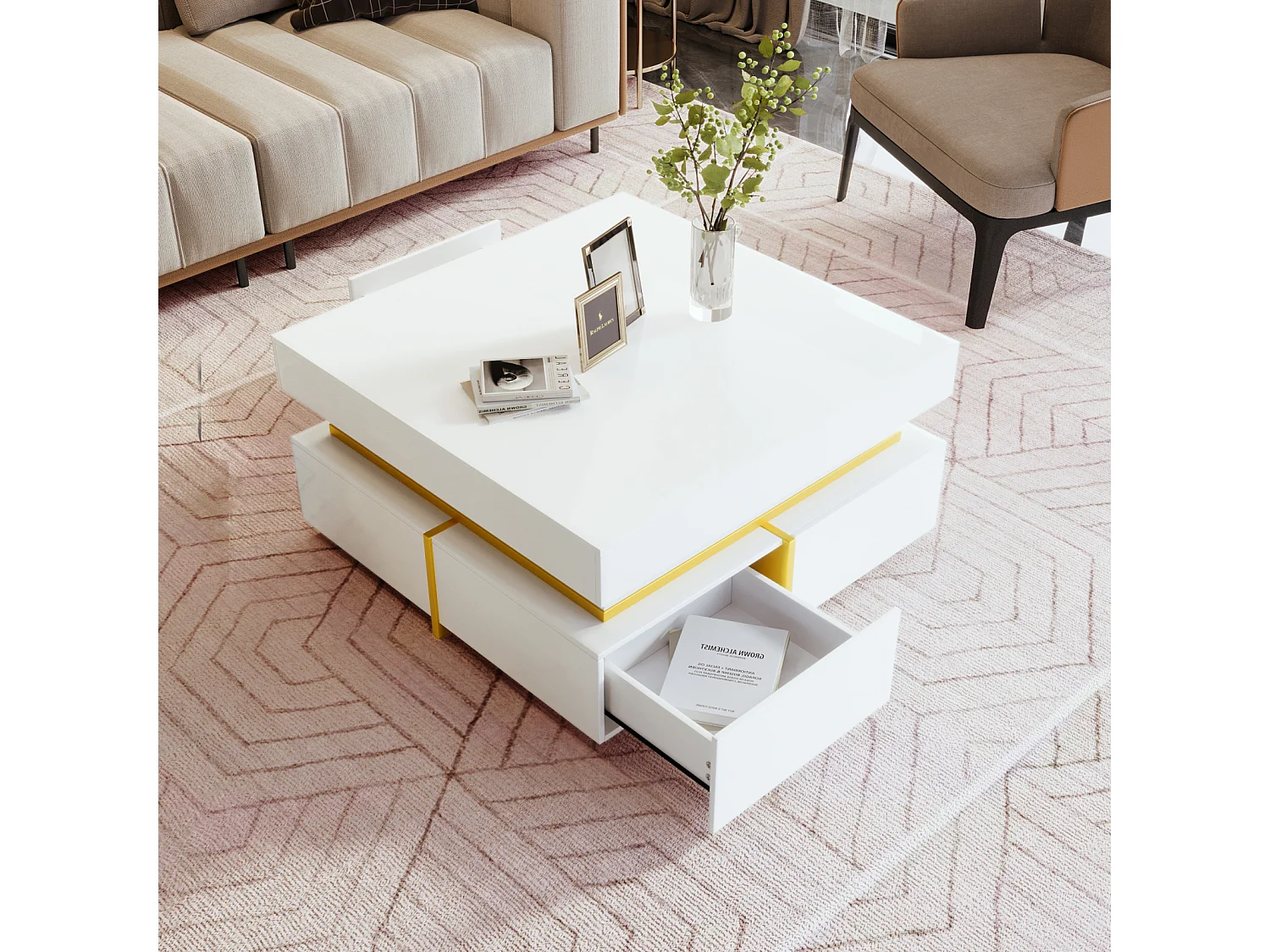 Mesa de centro quadrada em branco e dourado, mesa de centro para sala de estar com 2 gavetas e detalhes dourados na parte inferior.