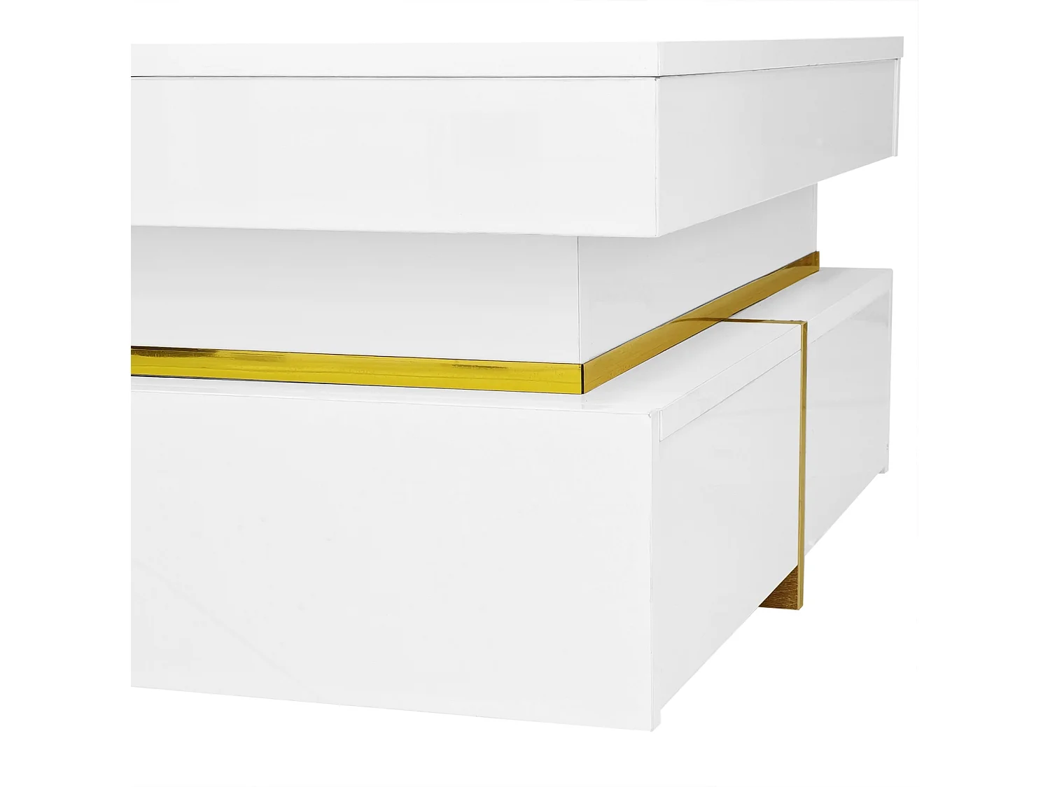 Mesa de centro quadrada em branco e dourado, mesa de centro para sala de estar com 2 gavetas e detalhes dourados na parte inferior.