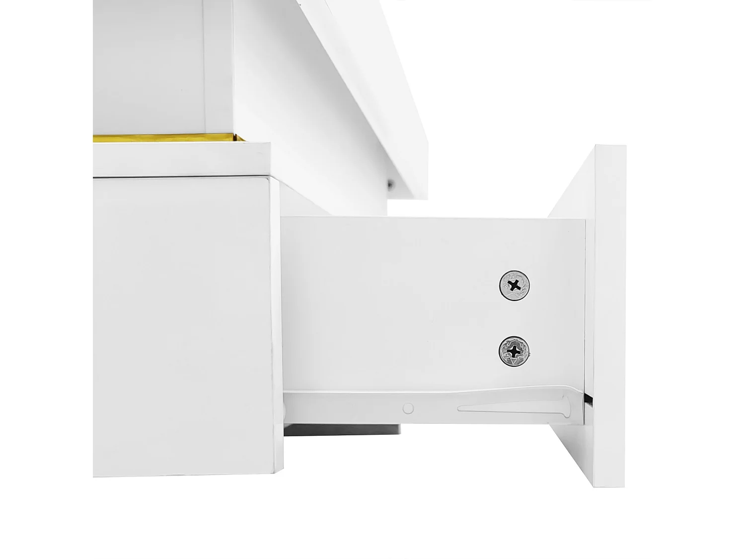 Mesa de centro quadrada em branco e dourado, mesa de centro para sala de estar com 2 gavetas e detalhes dourados na parte inferior.