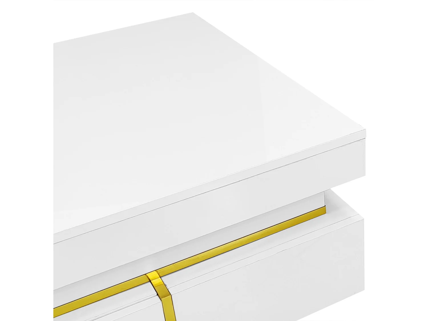 Mesa de centro quadrada em branco e dourado, mesa de centro para sala de estar com 2 gavetas e detalhes dourados na parte inferior.