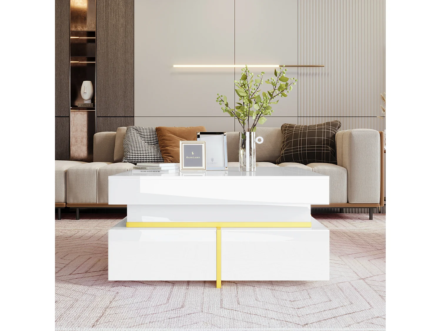 Mesa de centro quadrada em branco e dourado, mesa de centro para sala de estar com 2 gavetas e detalhes dourados na parte inferior.