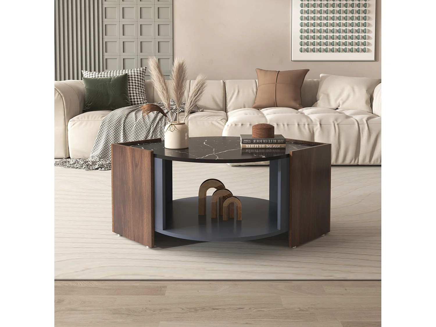 Mesa de centro de mármol y nogal: colores contrastantes, madera, con cajón y espacio de almacenamiento abierto.