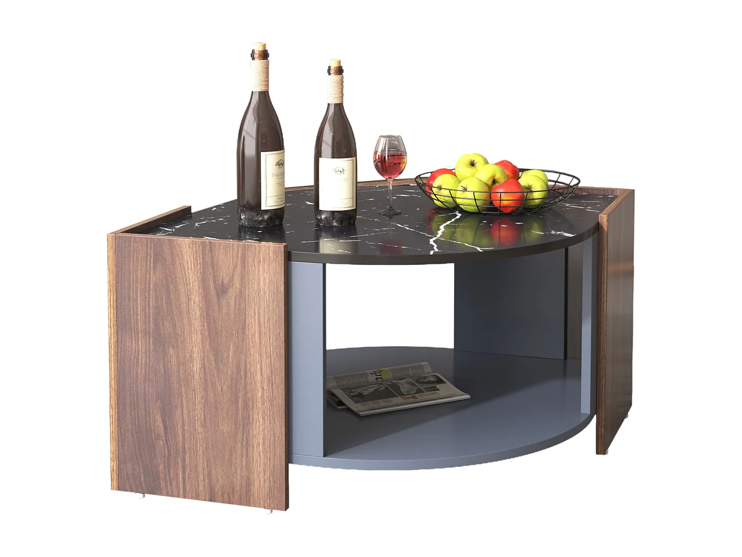 Table Basse en Marbre et Noyer - Couleurs Contrastées, Bois Avec Tiroir et Rangement Ouvert