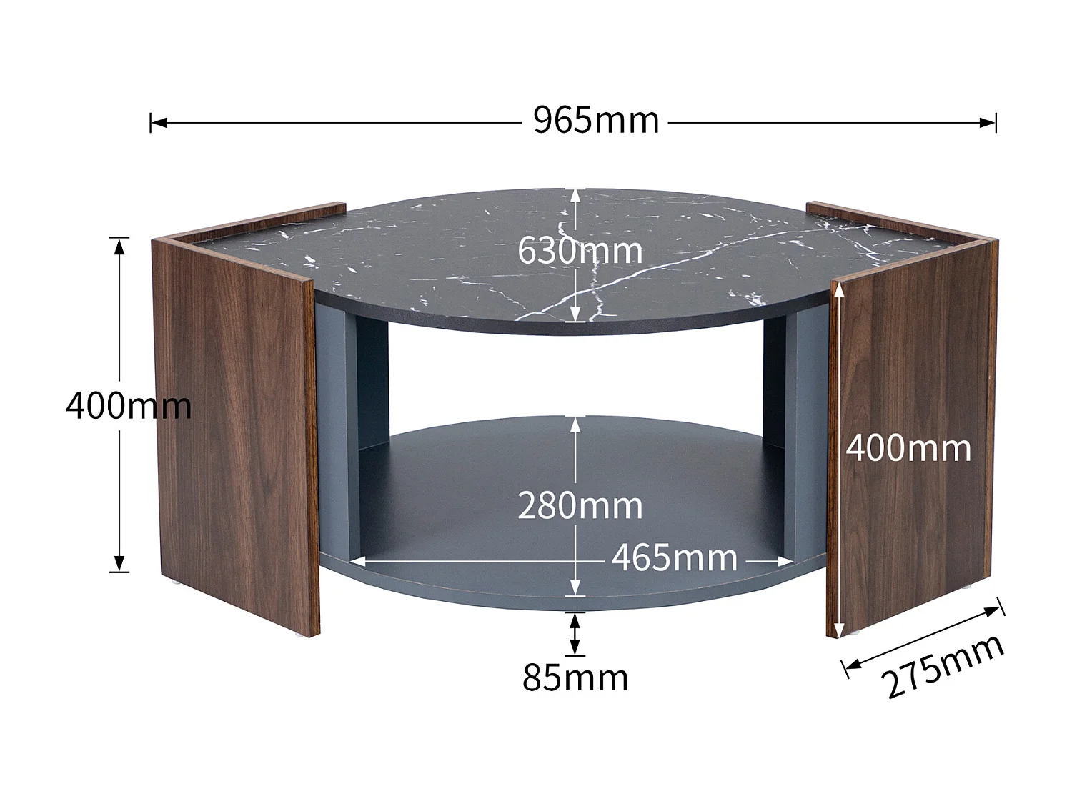 Table Basse en Marbre et Noyer - Couleurs Contrastées, Bois Avec Tiroir et Rangement Ouvert