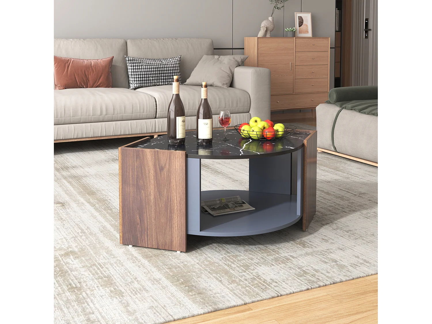 Table Basse en Marbre et Noyer - Couleurs Contrastées, Bois Avec Tiroir et Rangement Ouvert