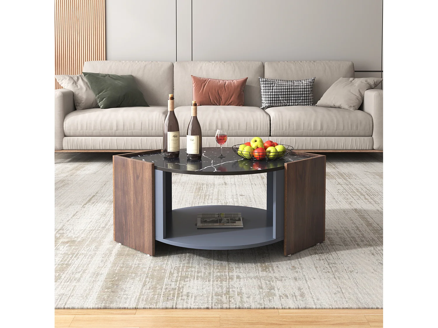 Table Basse en Marbre et Noyer - Couleurs Contrastées, Bois Avec Tiroir et Rangement Ouvert