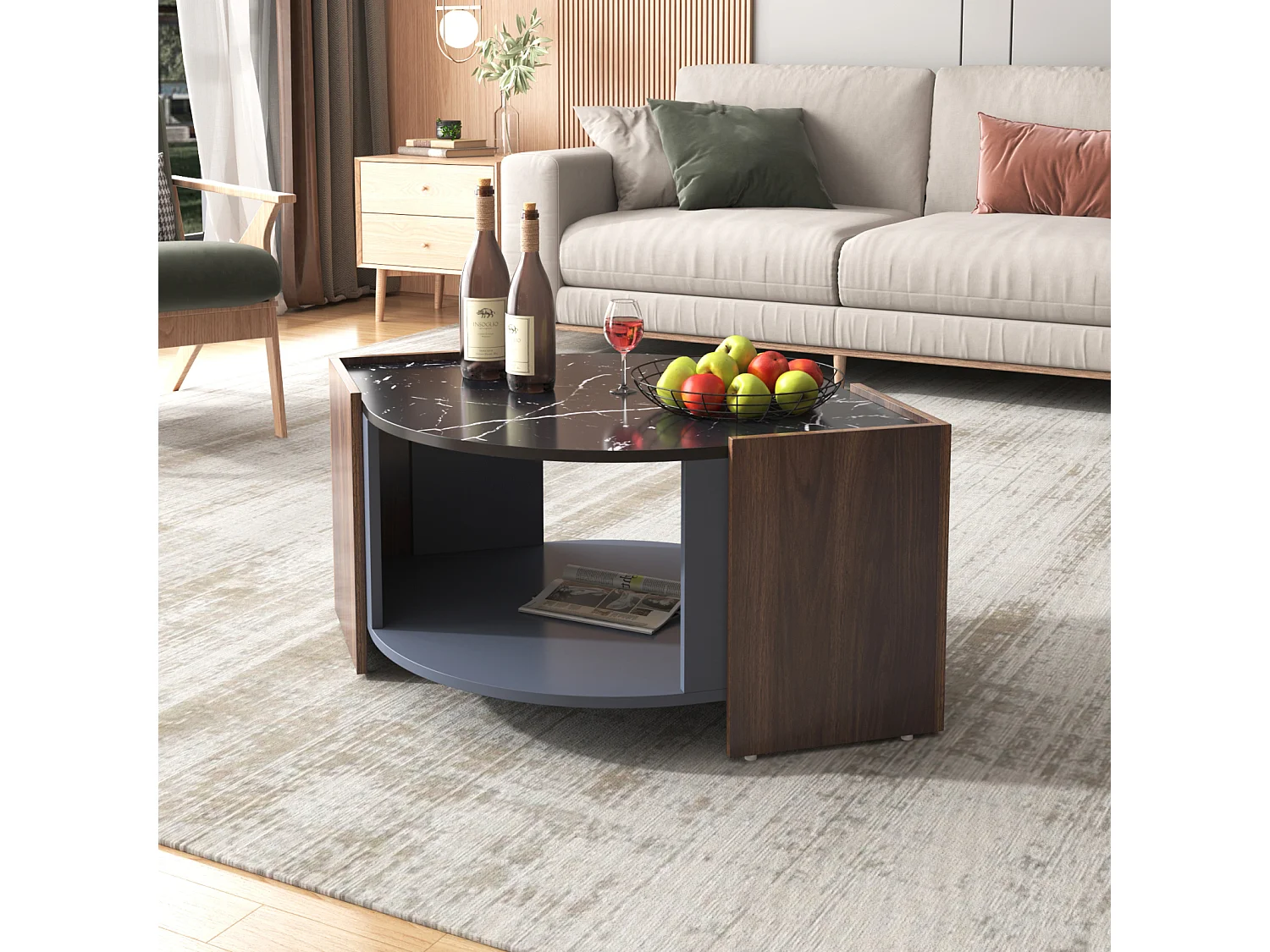 Table Basse en Marbre et Noyer - Couleurs Contrastées, Bois Avec Tiroir et Rangement Ouvert