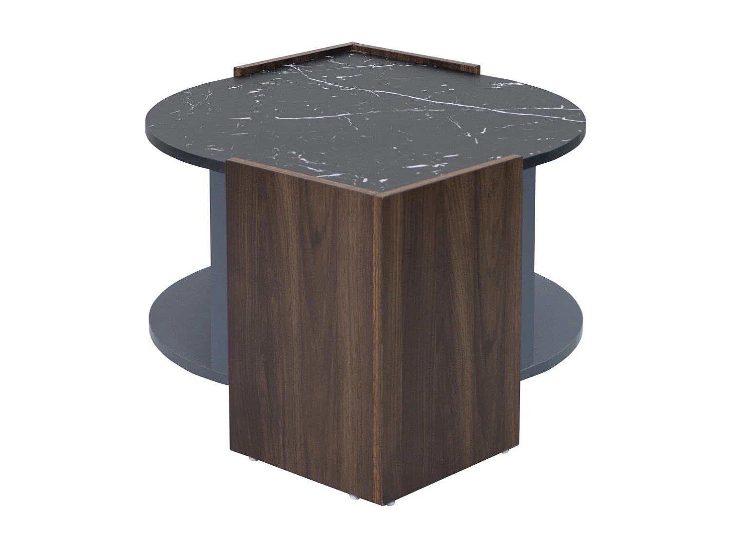Table Basse en Marbre et Noyer - Couleurs Contrastées, Bois Avec Tiroir et Rangement Ouvert