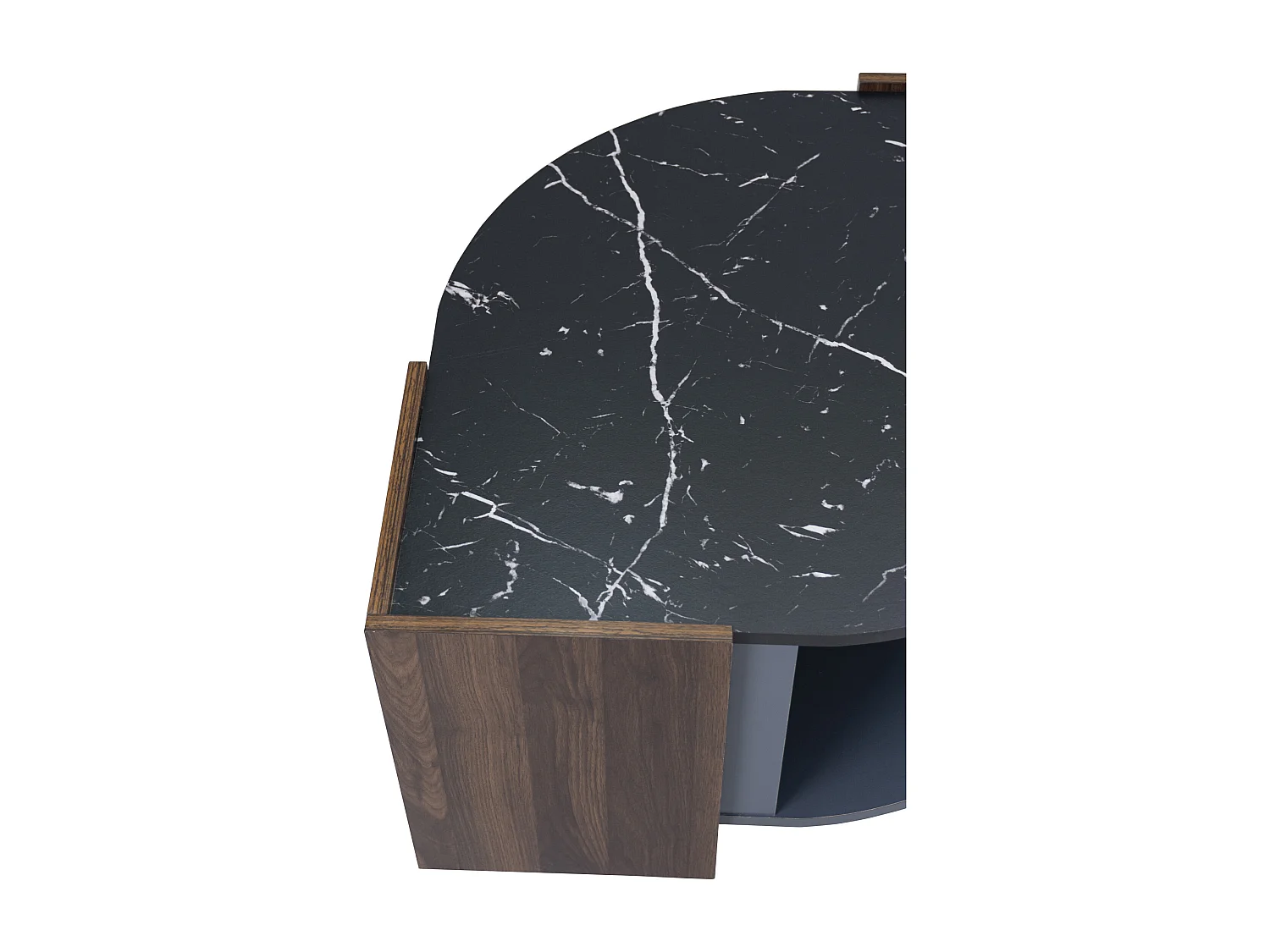 Table Basse en Marbre et Noyer - Couleurs Contrastées, Bois Avec Tiroir et Rangement Ouvert