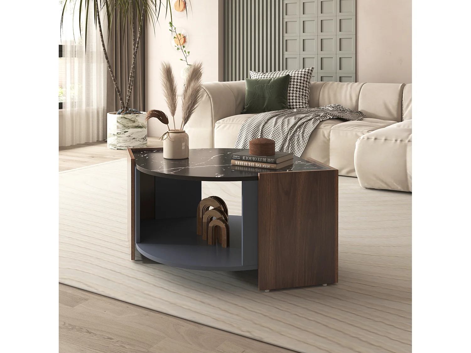 Table Basse en Marbre et Noyer - Couleurs Contrastées, Bois Avec Tiroir et Rangement Ouvert