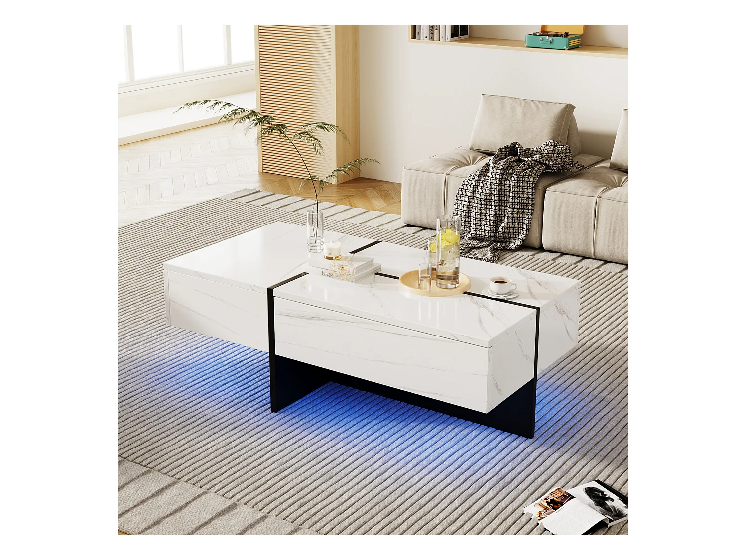 Table de Salon LED Avec Espace de Rangement, Table Basse Brillante Avec Tiroirs, Moderne, Blanc