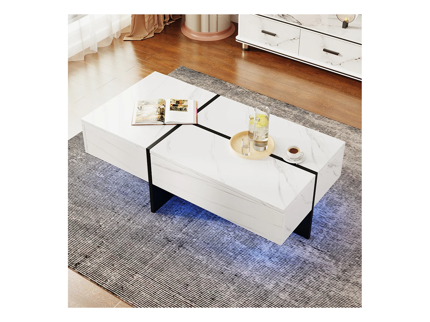 Table de Salon LED Avec Espace de Rangement, Table Basse Brillante Avec Tiroirs, Moderne, Blanc