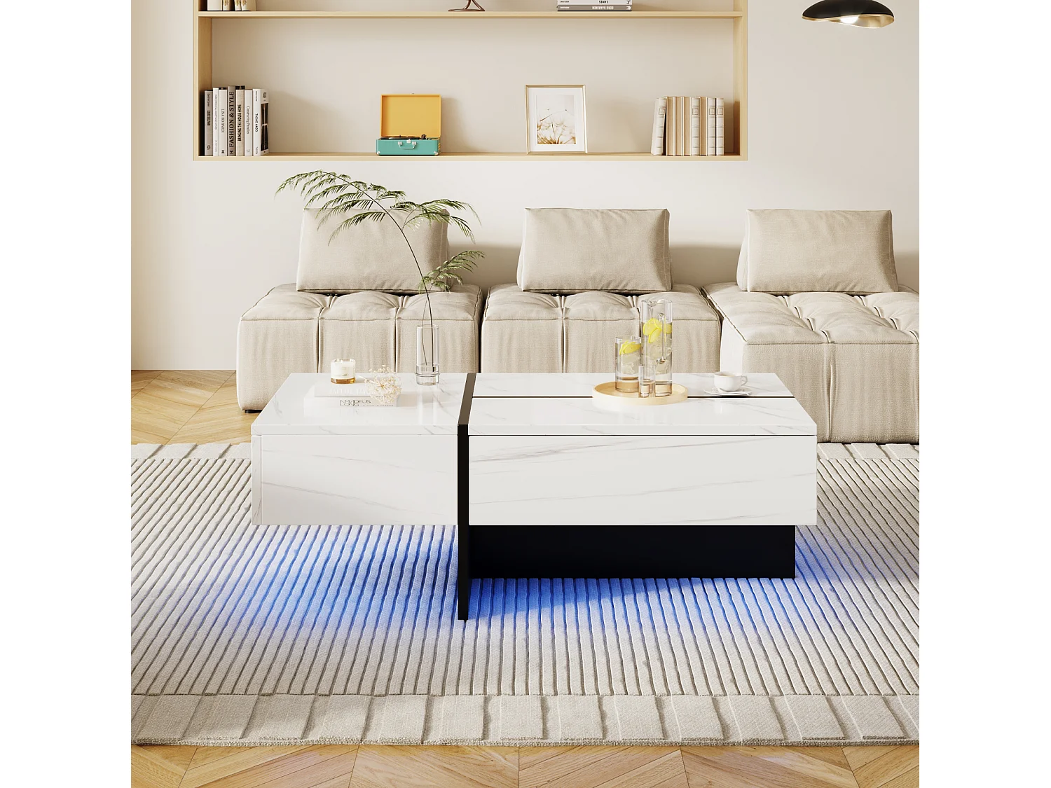 Table de Salon LED Avec Espace de Rangement, Table Basse Brillante Avec Tiroirs, Moderne, Blanc