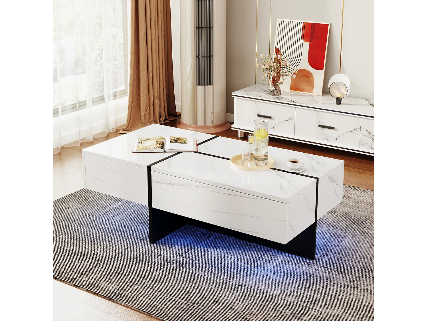 Table de Salon LED Avec Espace de Rangement, Table Basse Brillante Avec Tiroirs, Moderne, Blanc