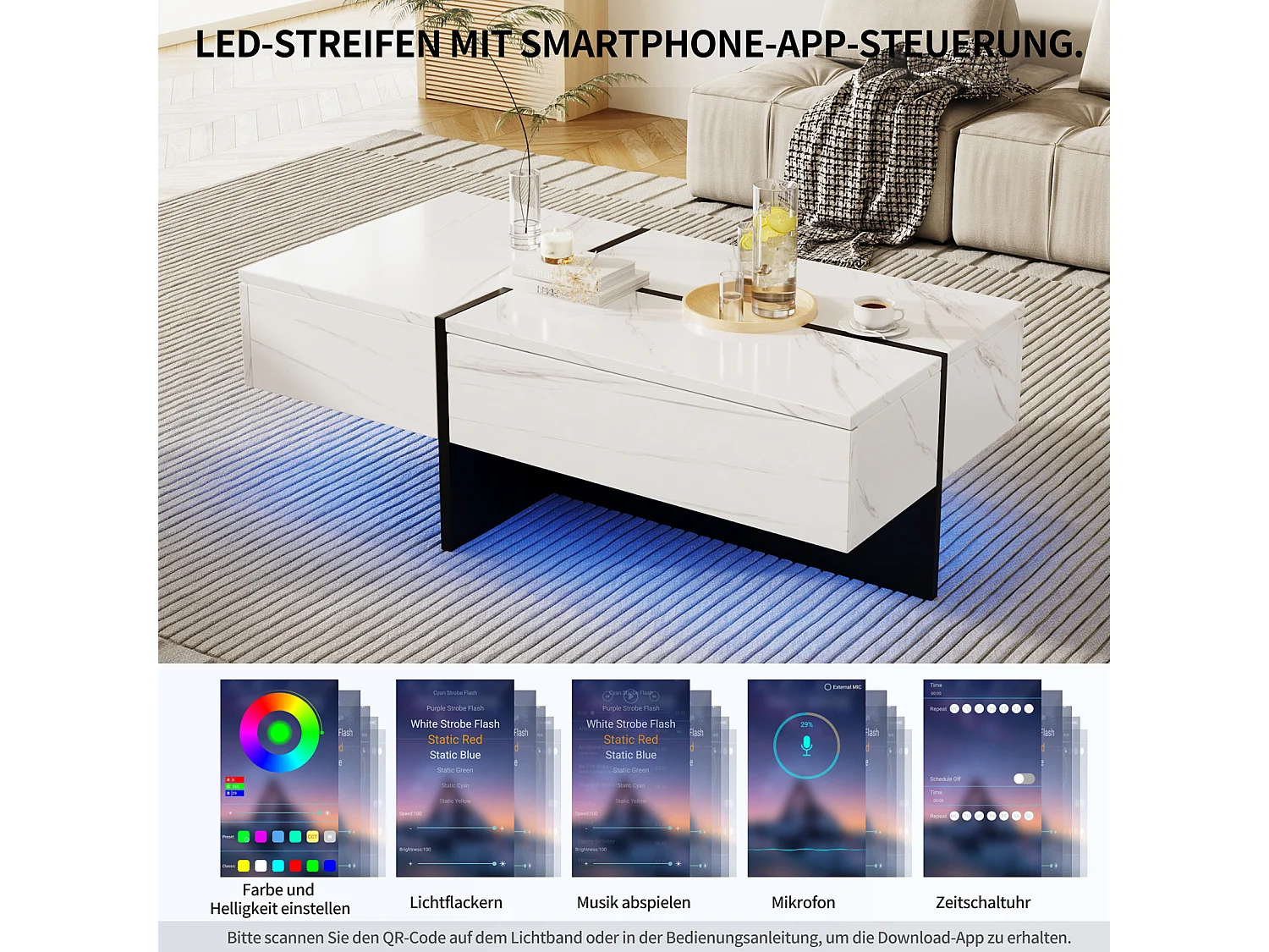 Table de Salon LED Avec Espace de Rangement, Table Basse Brillante Avec Tiroirs, Moderne, Blanc