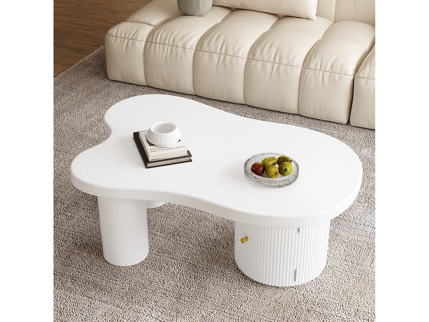 Table Basse asymétrique, Coffee Table, élégante et Robuste, avec Espace de Rangement, Blanc