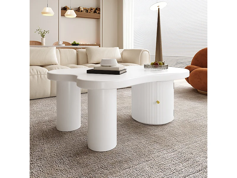 Table Basse asymétrique, Coffee Table, élégante et Robuste, avec Espace de Rangement, Blanc