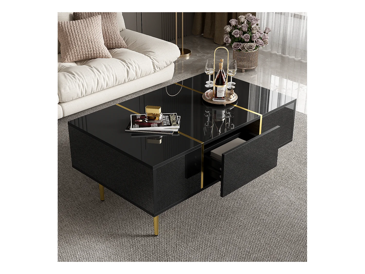 Table Basse Rectangulaire, avec 2 Tiroirs, Table Basse en Bois avec des Lignes Dorées, Noir