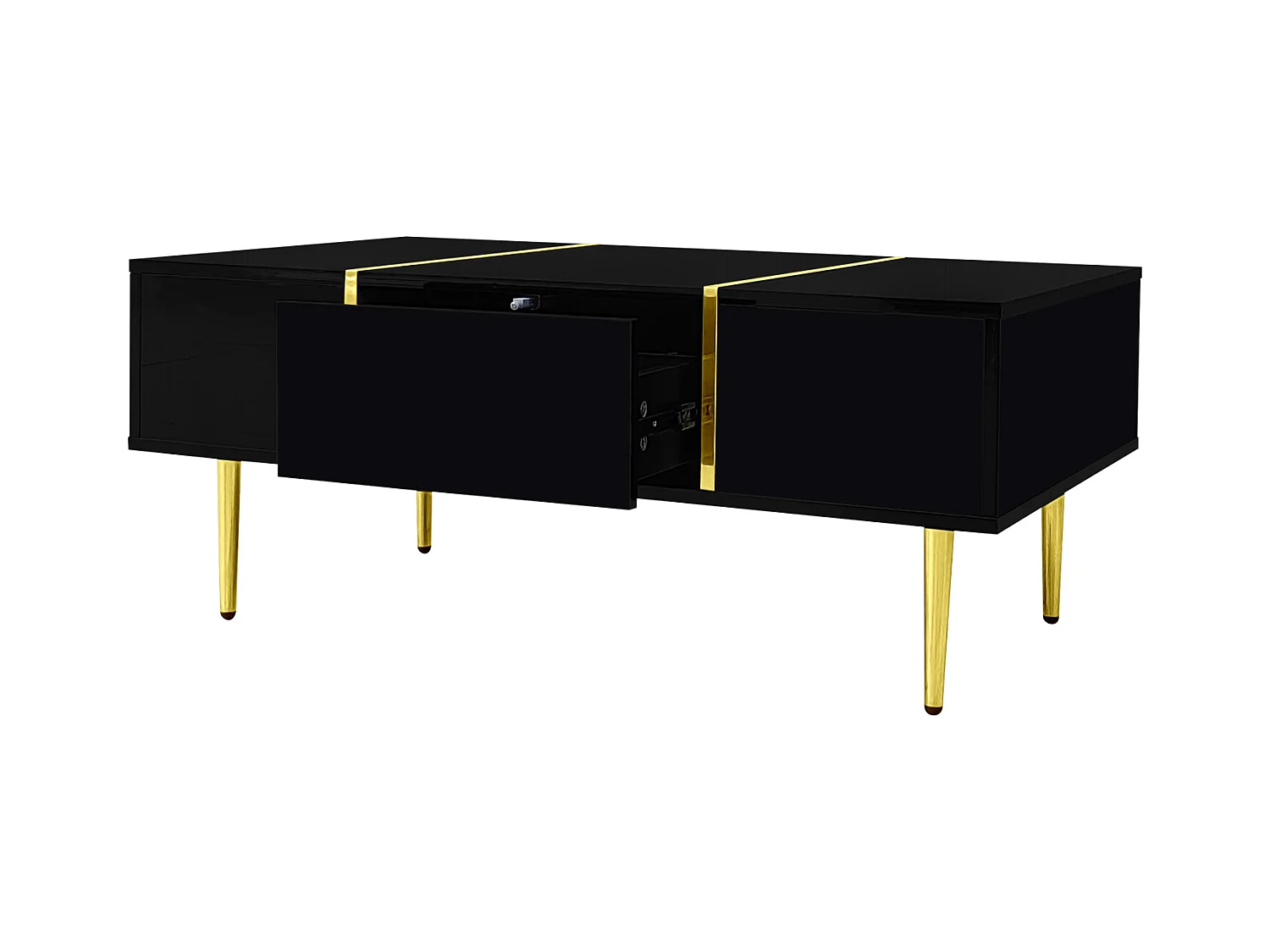 Table Basse Rectangulaire, avec 2 Tiroirs, Table Basse en Bois avec des Lignes Dorées, Noir