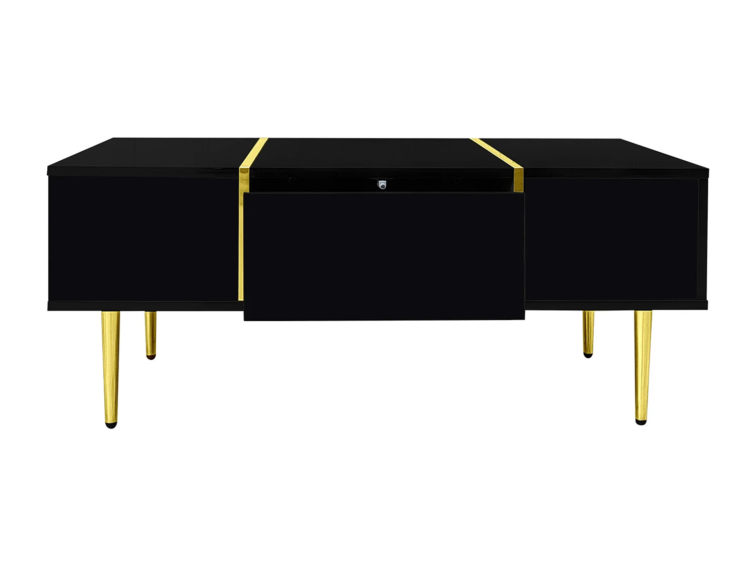 Table Basse Rectangulaire, avec 2 Tiroirs, Table Basse en Bois avec des Lignes Dorées, Noir