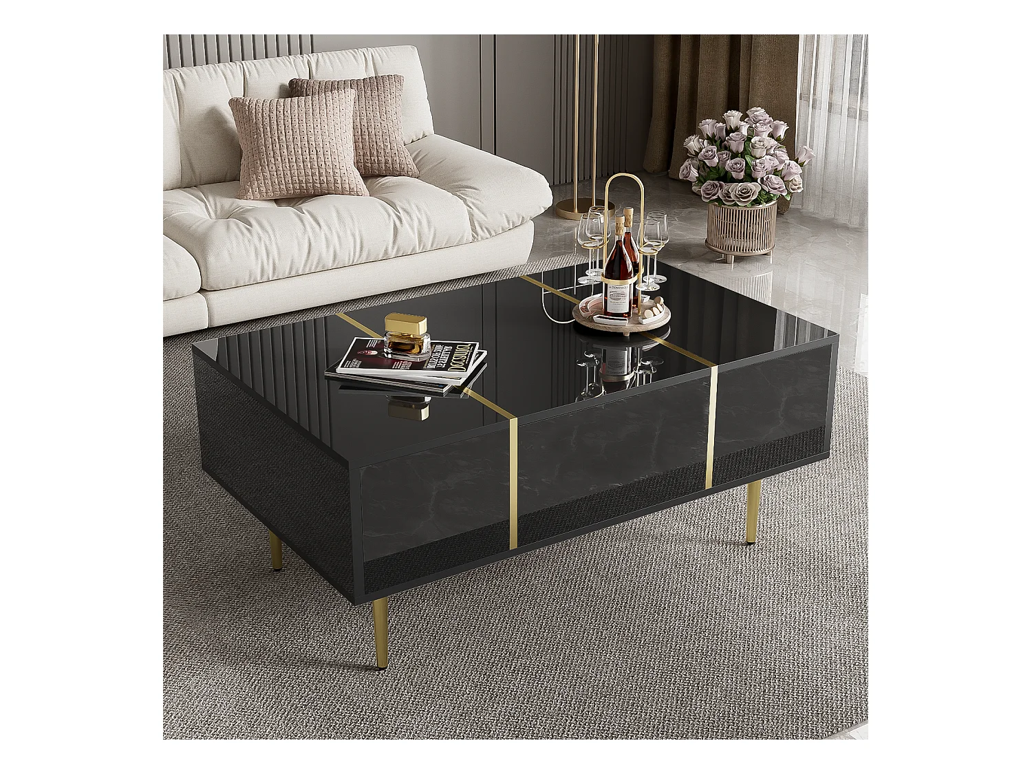 Mesa de centro rectangular con 2 cajones, de madera con líneas doradas, color negro