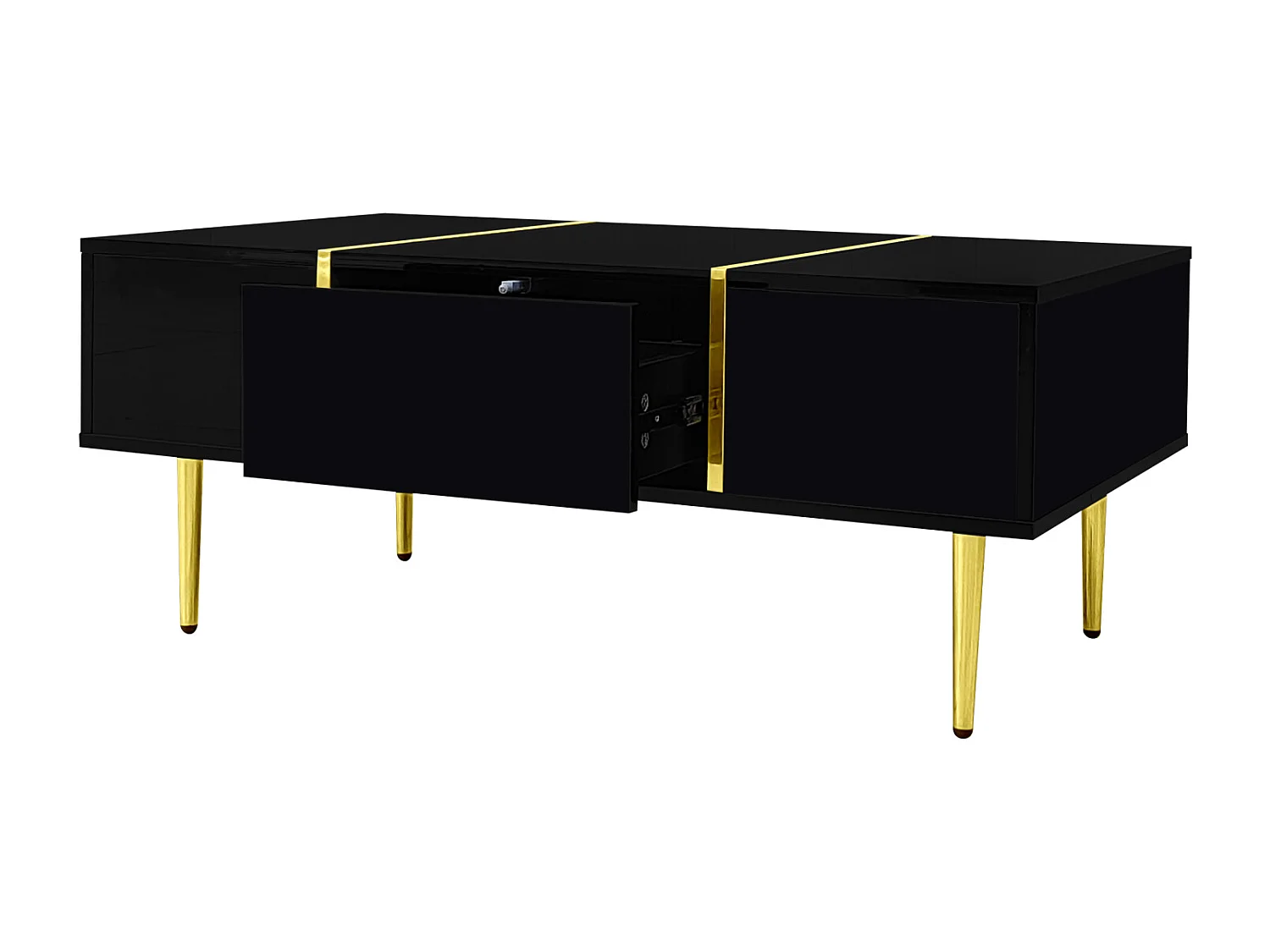 Table Basse Rectangulaire, avec 2 Tiroirs, Table Basse en Bois avec des Lignes Dorées, Noir