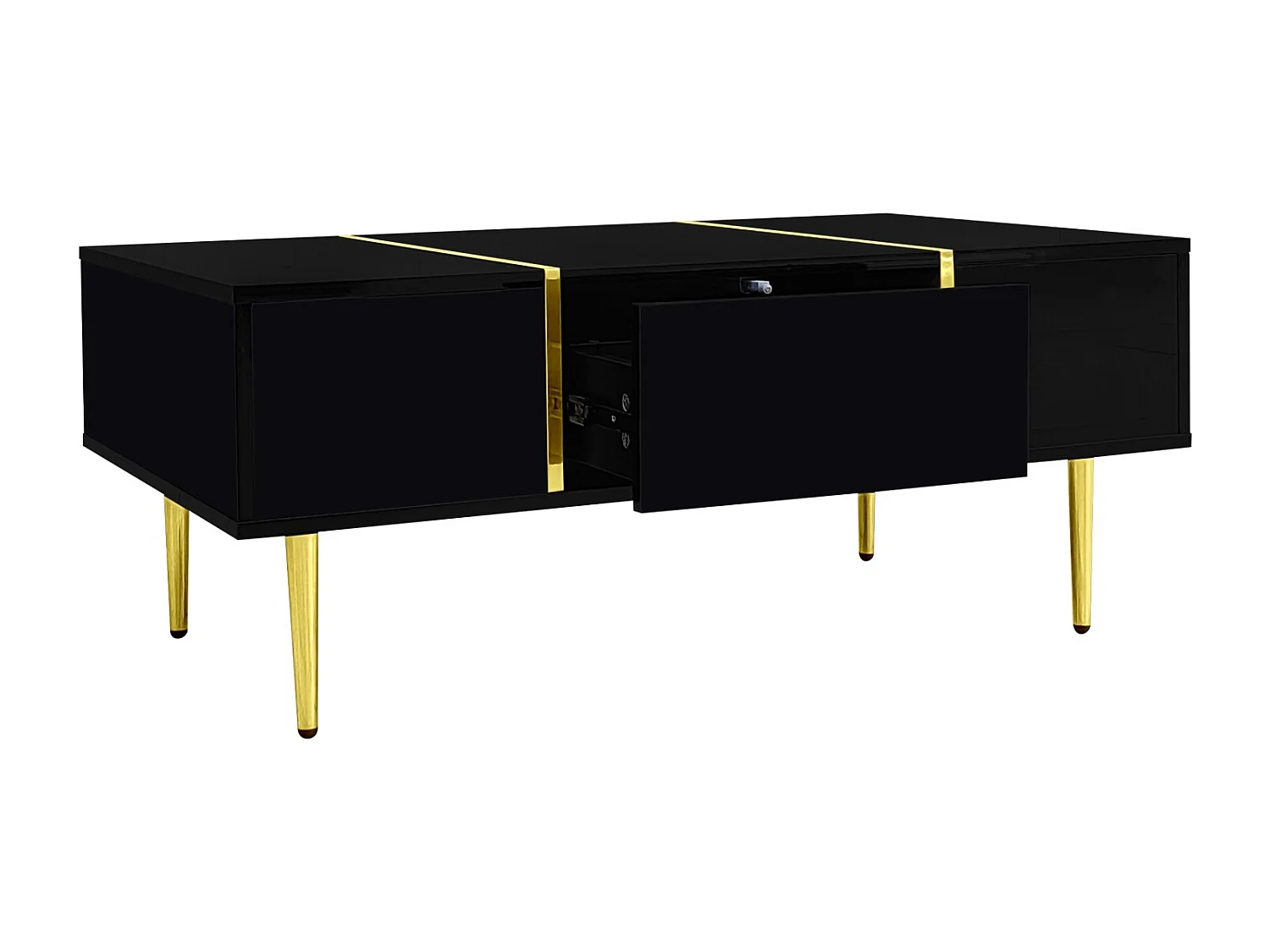 Table Basse Rectangulaire, avec 2 Tiroirs, Table Basse en Bois avec des Lignes Dorées, Noir