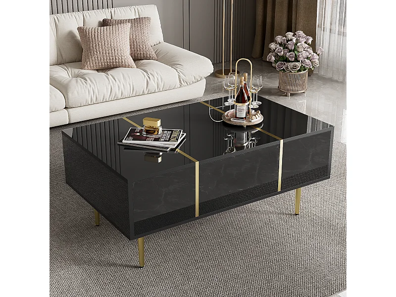 Mesa de centro rectangular con 2 cajones, de madera con líneas doradas, color negro