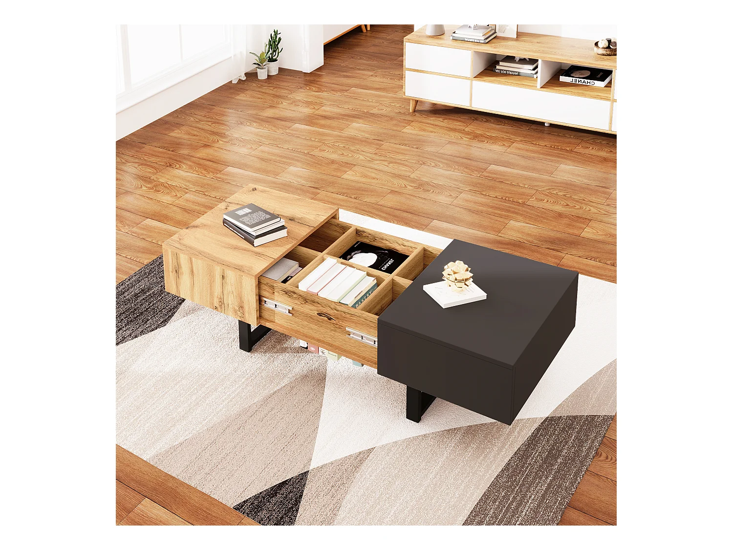 Mesa de centro multifuncional moderna con almacenamiento oculto, soporte de madera y metal, color negro