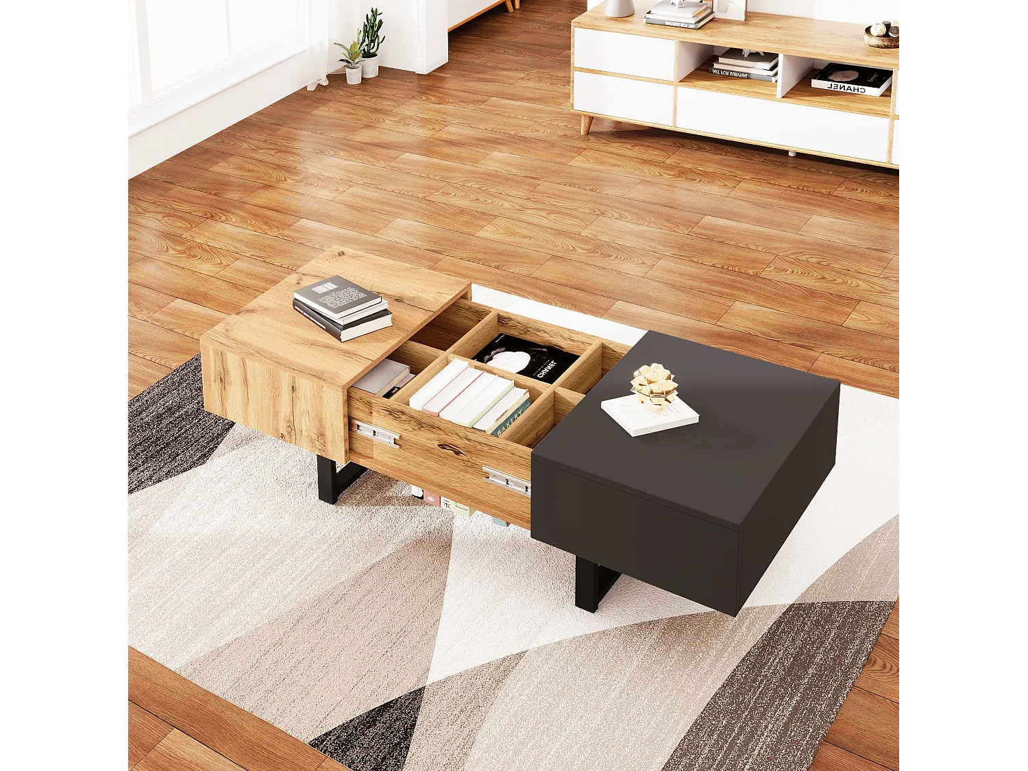 Table basse multifonctionnelle moderne avec rangement caché, support en bois et métal, noir