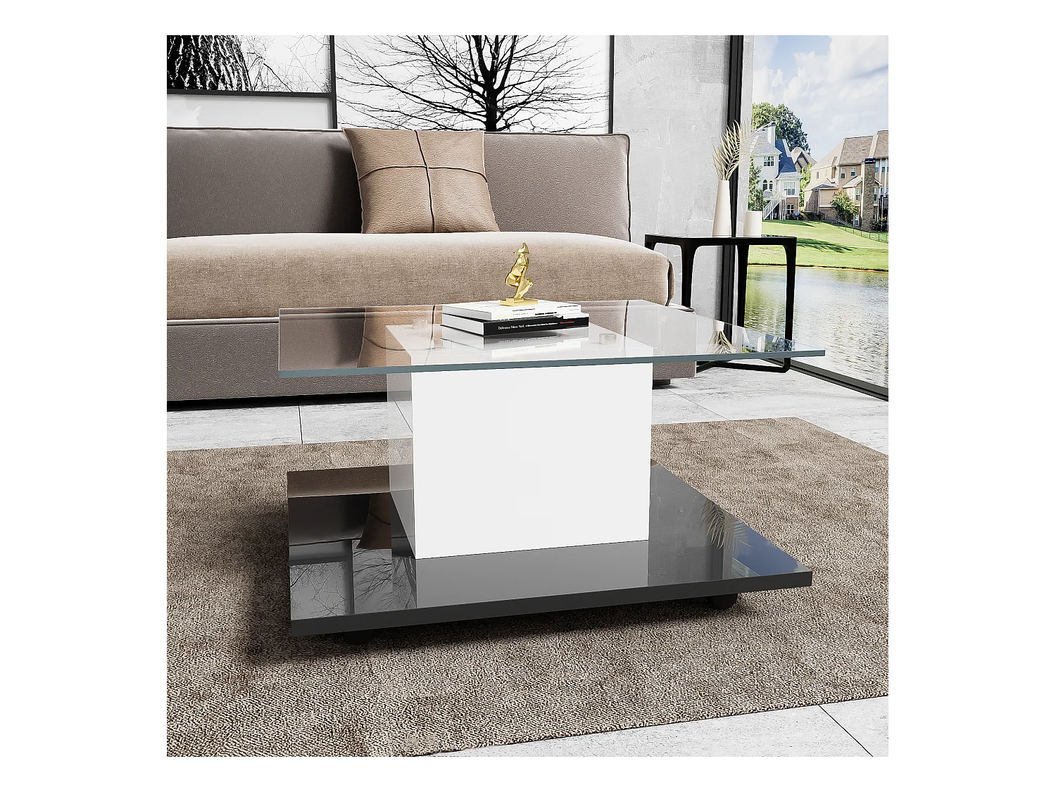 Mesa de centro de cristal, cuadrada, con LED ajustable, moderna, en blanco y negro.