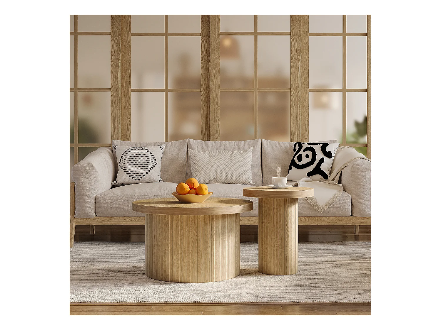 Lot de 2 tables basses rondes style maison de campagne - Table d'appoint - Couleur bois