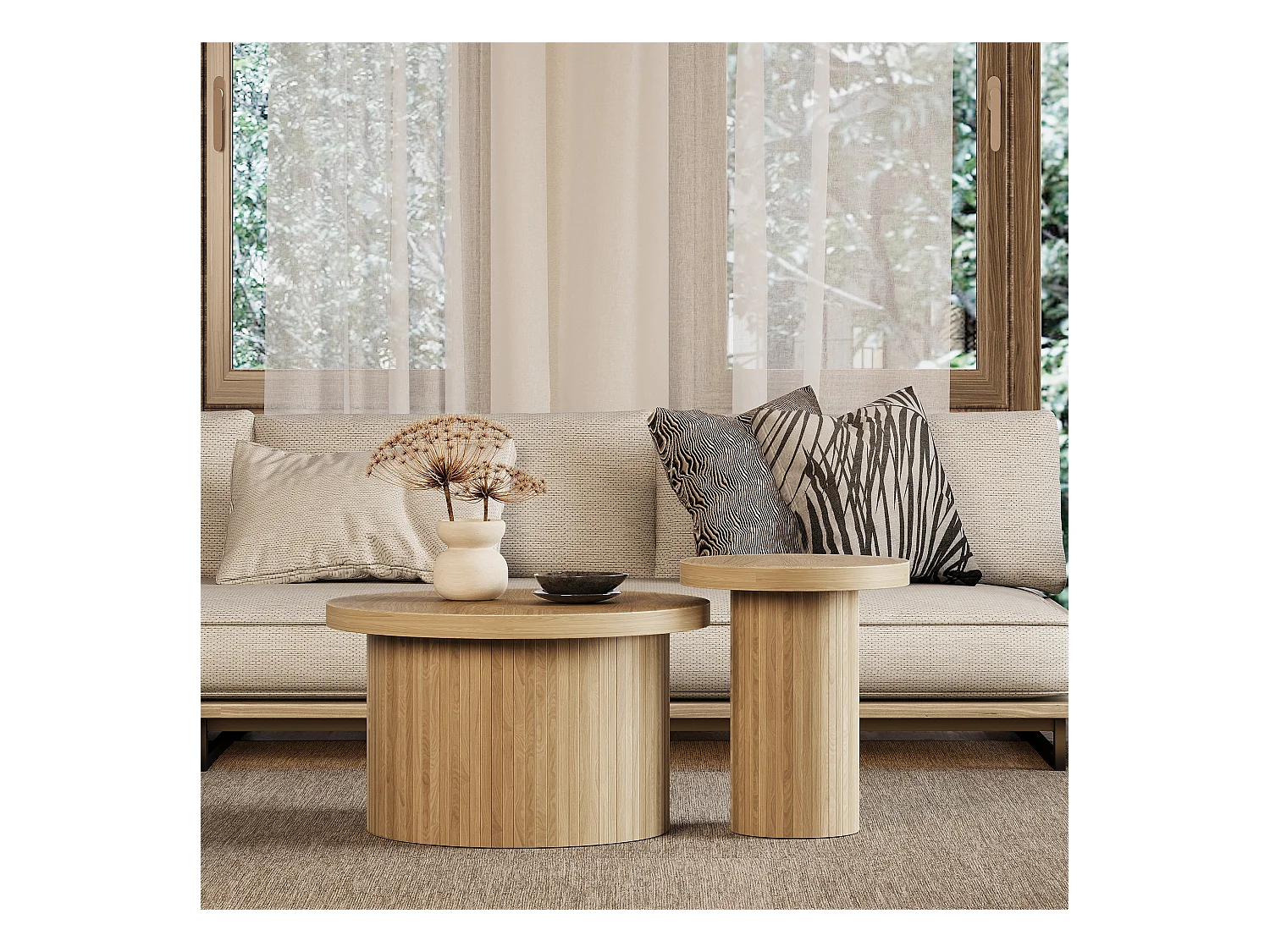 Lot de 2 tables basses rondes style maison de campagne - Table d'appoint - Couleur bois