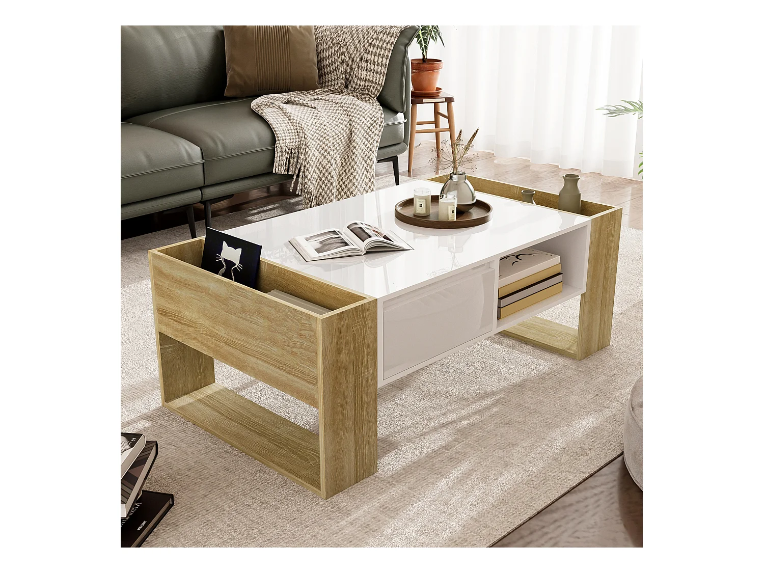 Mesa de centro moderna, parcialmente brillante, con cajones y compartimentos abiertos