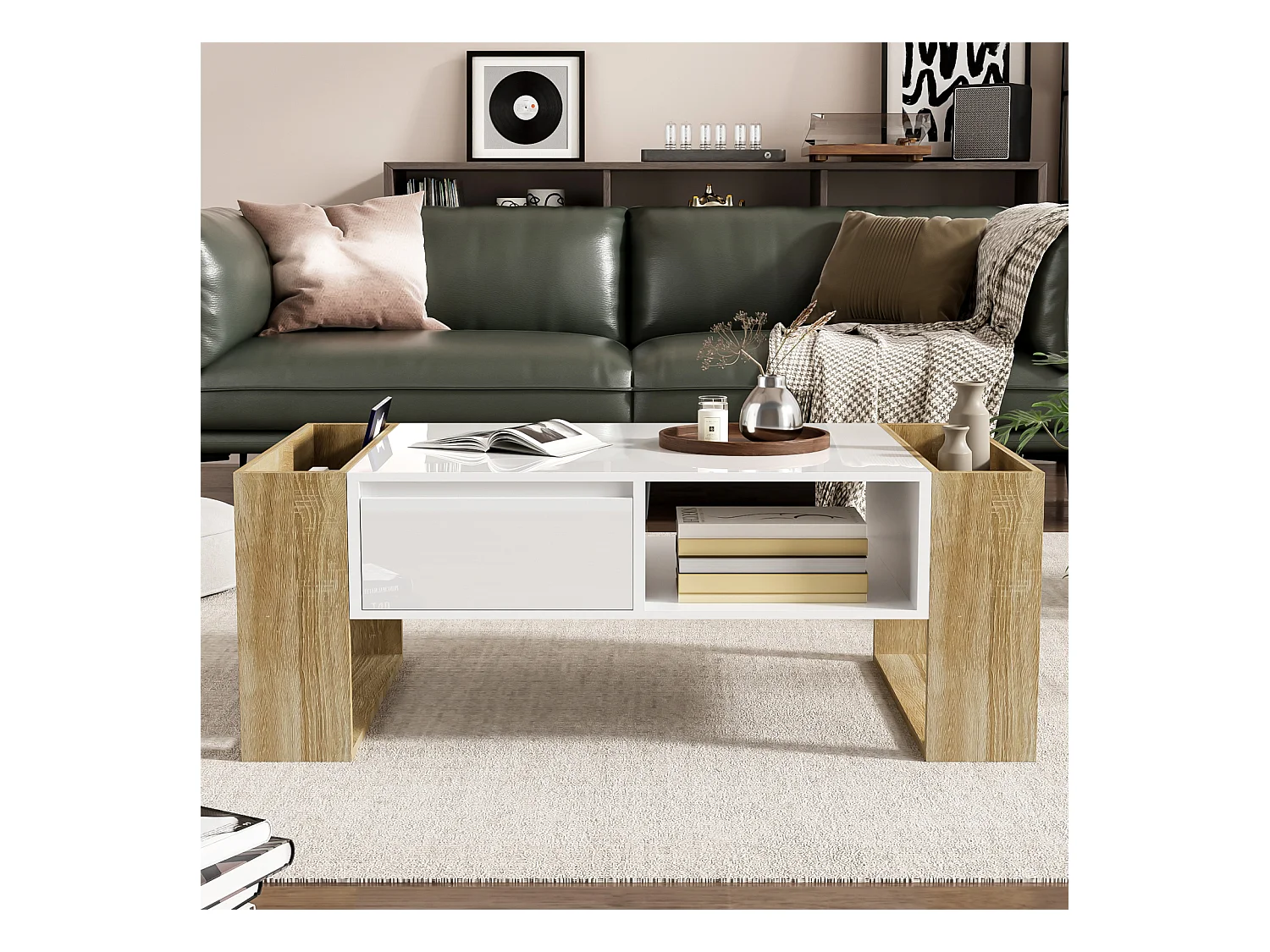 Mesa de centro moderna, parcialmente brillante, con cajones y compartimentos abiertos