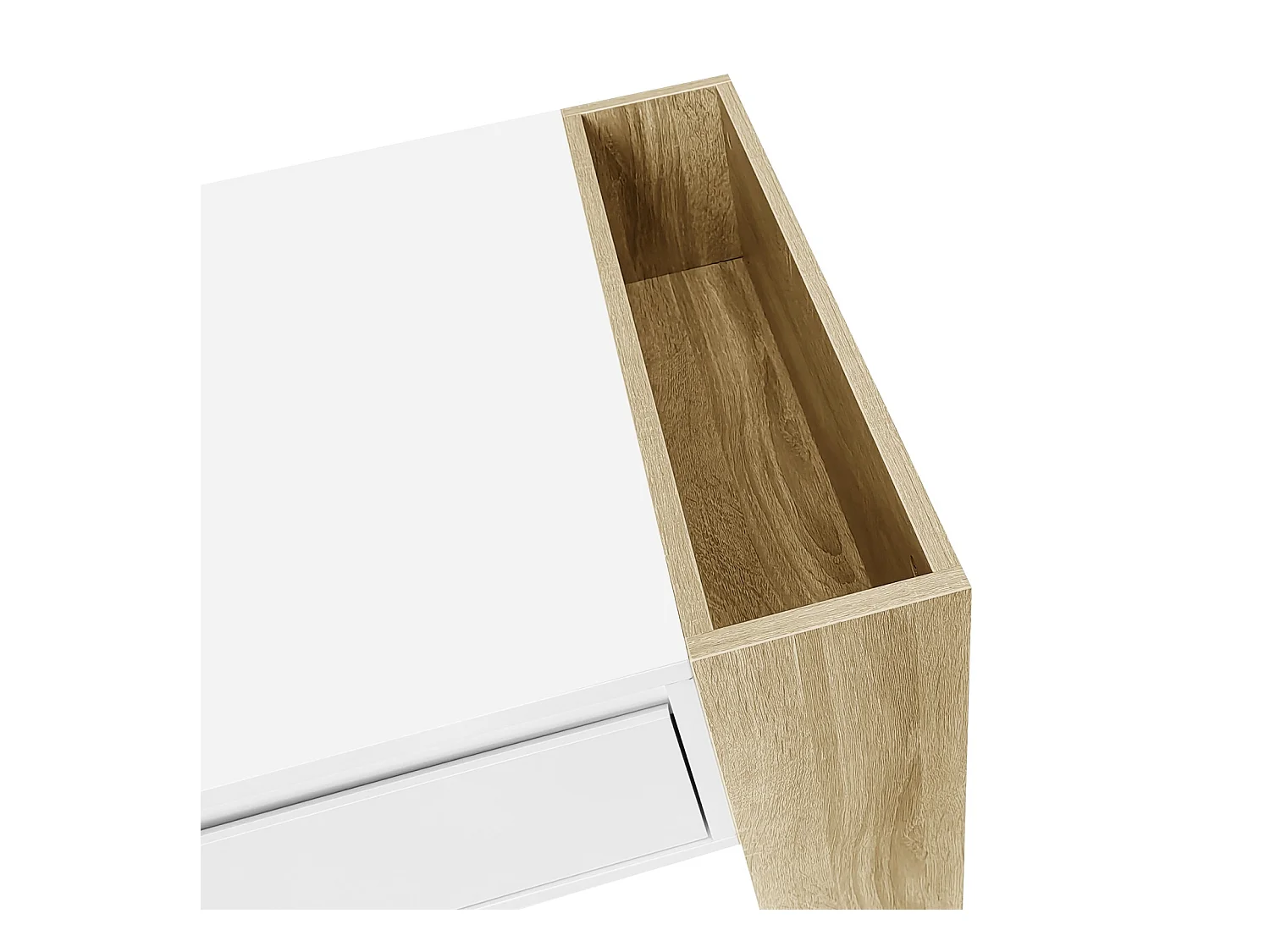 Mesa de centro moderna, parcialmente brillante, con cajones y compartimentos abiertos