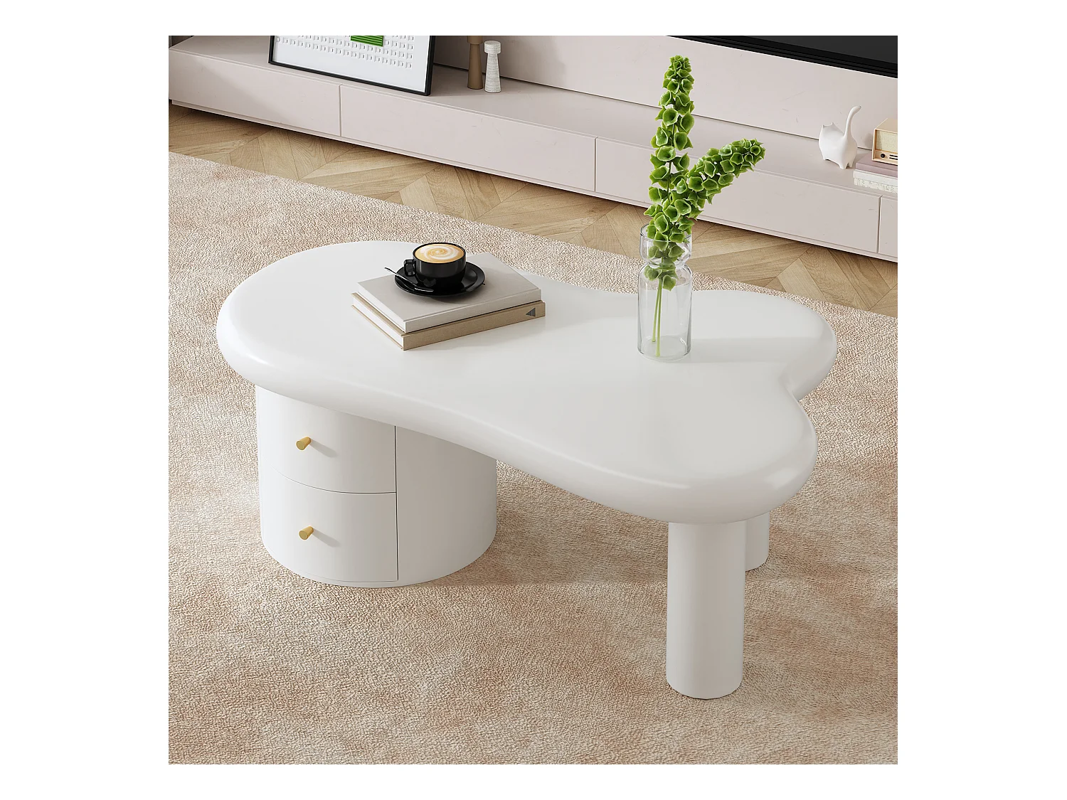 Table Basse Moderne Blanche au Design asymétrique avec 2 tiroirs de Rangement