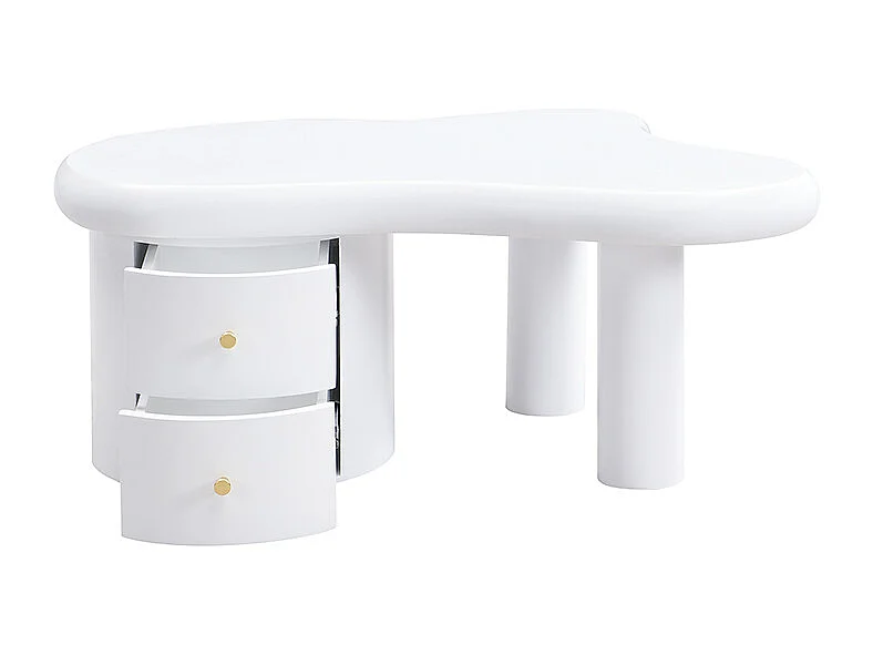 Table Basse Moderne Blanche au Design asymétrique avec 2 tiroirs de Rangement