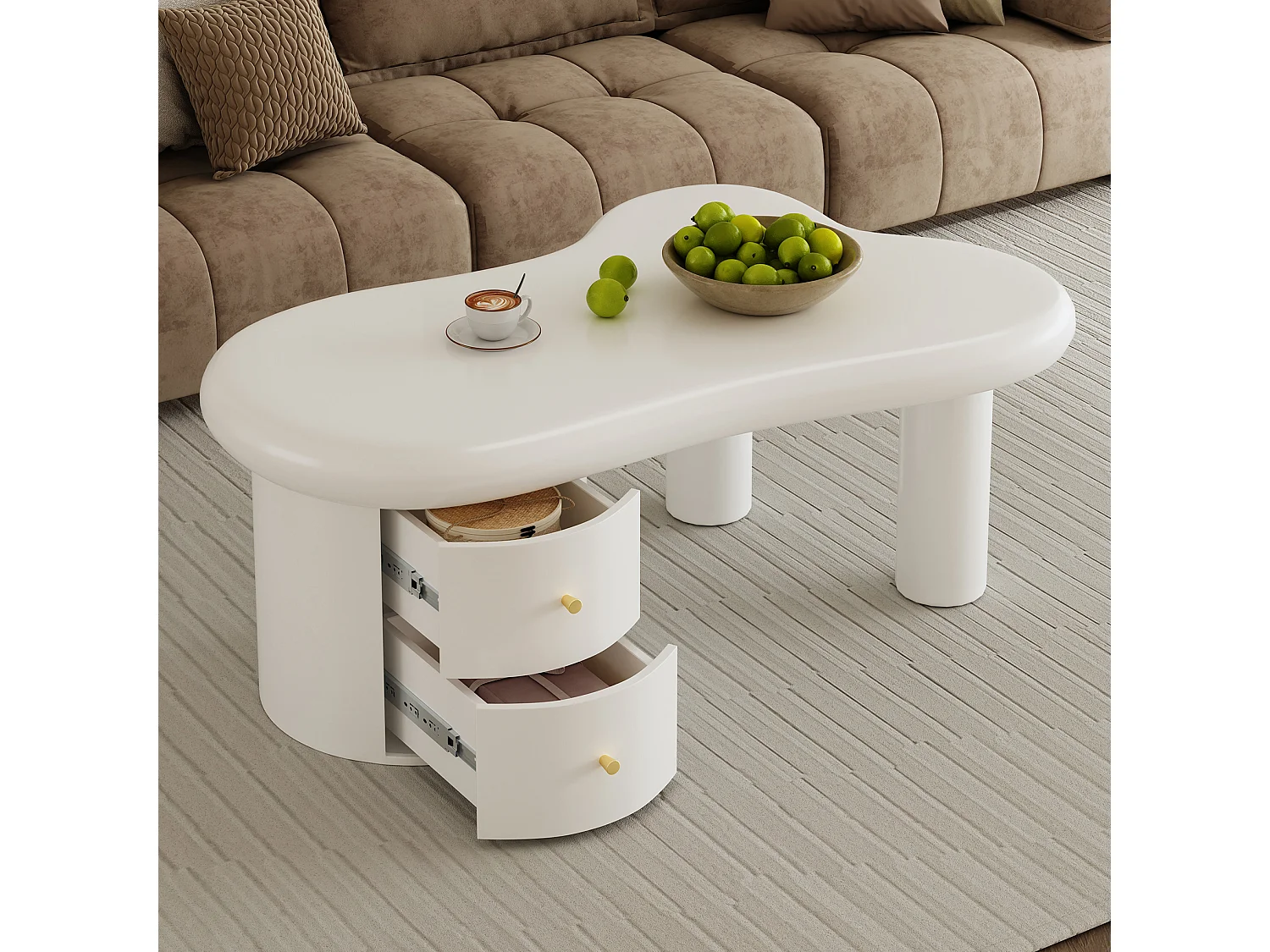 Table Basse Moderne Blanche au Design asymétrique avec 2 tiroirs de Rangement