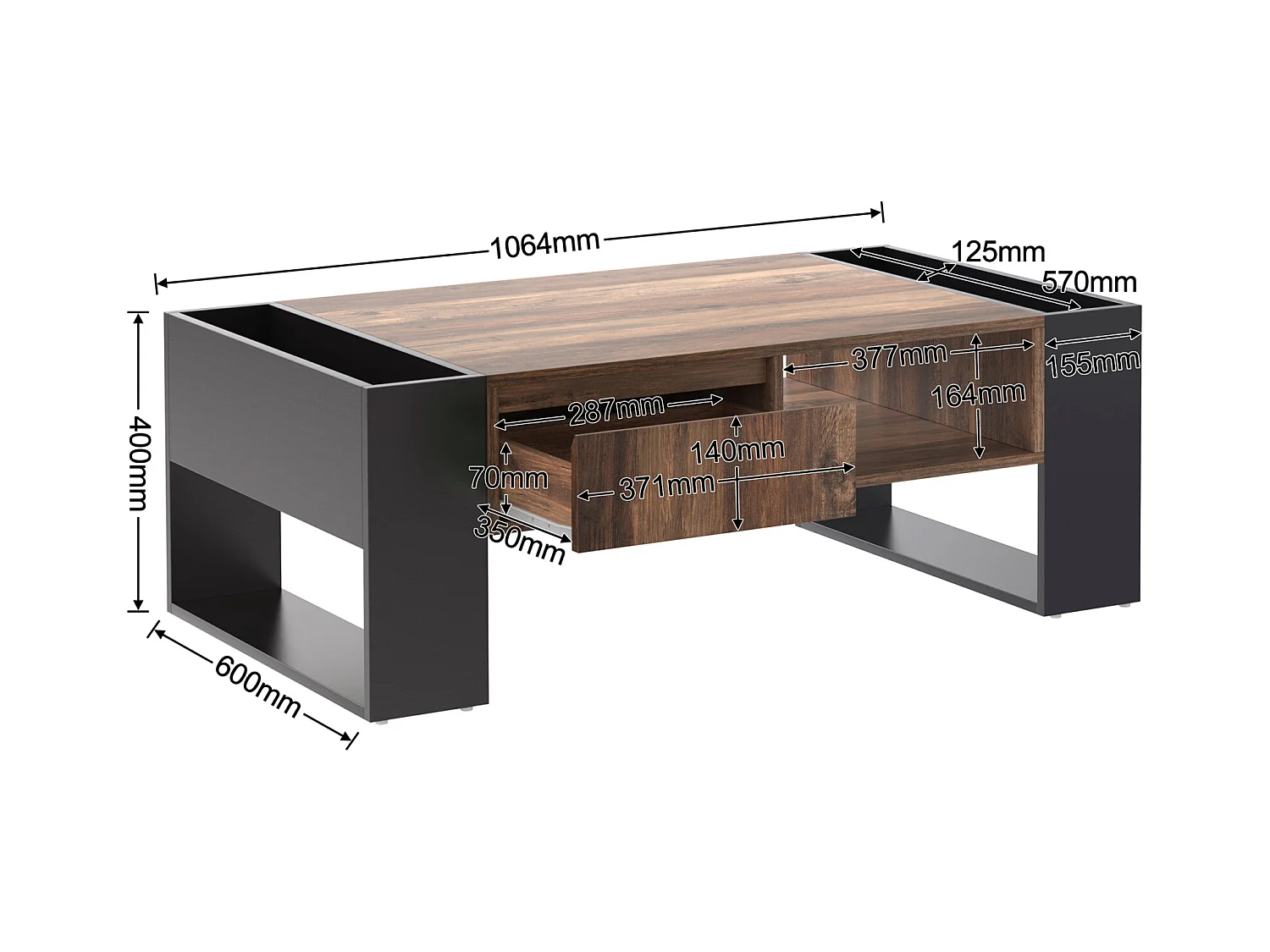 Mesa de centro com compartimentos de armazenamento de dupla face, mesa de sofá para sala de estar, madeira + preto e cinza